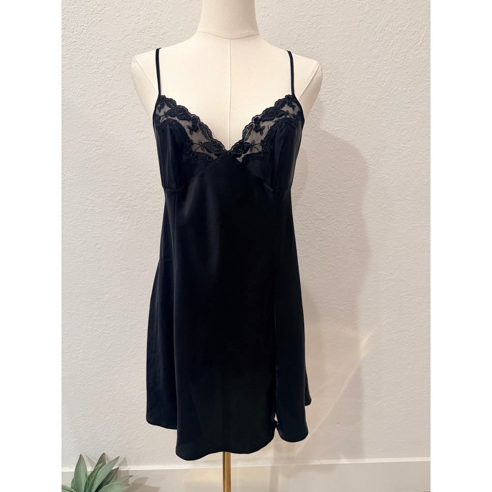 Vintage Victoria's Secret Mini Slip Gown Black L Slit Satin Lace Y2K  Whimsigoth